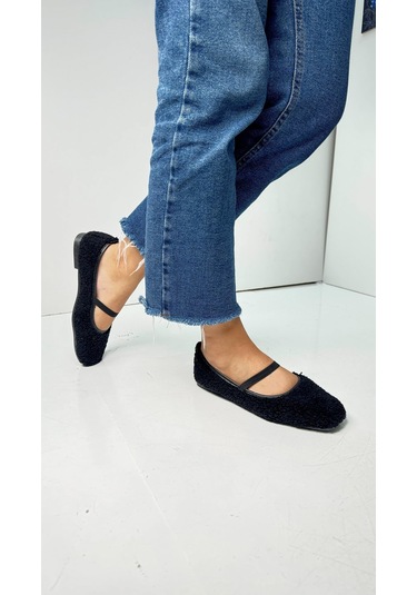 Günlük Kadın Babet Peluş Lastikli Oval Burunlu Alçak Topuklu Tırtıklı Tabanlı Ayakkabı 369 Siyah