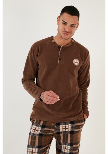 Buratti Ekoseli Regular Fit Düğmeli Bisiklet Yaka Kışlık Polar Erkek Pijama Takımı 60961002 Camel