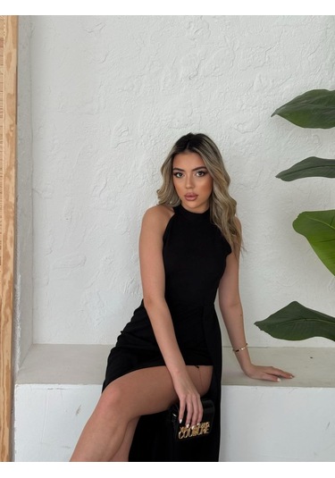 Ge Ticaret Kadın Halter Yaka Derin Yırtmaç Detaylı Tam Boy Ithal Krep Abiye Elbise Siyah