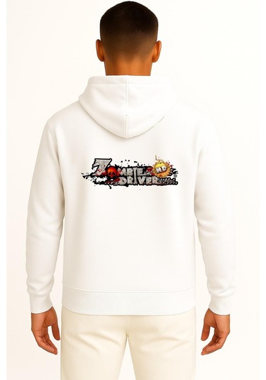 Kapüşonlu Zombie Driver Zombies Ultimate Cep Ve Sırt Tasarımlı Unisex Sweatshirt Beyaz