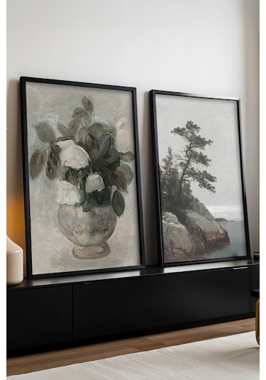 Huhuli Ahşap Siyah Çerçeveli 2 Li Modern Tablo Huhu275