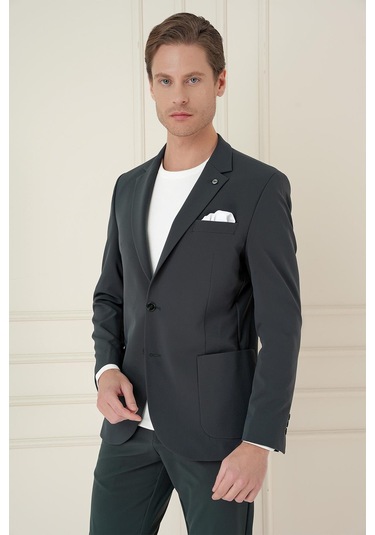 Slim Fit Torba Cep Esnek Spandex Karışımlı Düz Nefti Blazer Ceket C 696 Nefti