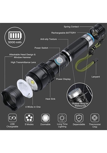 Ulzyvf Createtech Zoomlanabilir, Yürüyüşü, Yüksek Yüksek Xhp50.2 Taktik Su Siyah Şarj Mod, Lumen, Kamp Işıkları, Ipx7 İçin Güçlü Geçirmez Fener, Dağ Acil Durumlar İçin 90000 Lümen, Mf Siyah Siyah