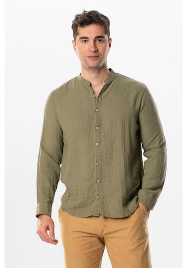 Uzun Kol Hakim Yaka Erkek Müslin Yazlık Gömlek Haki Hk-haki Haki