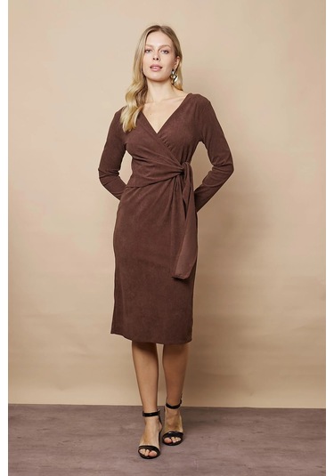 Kadın Kadife Kumaş Kruvaze Anvelop Bağcıklı Uzun Kol Diz Altı Elbise-kahve Kahve