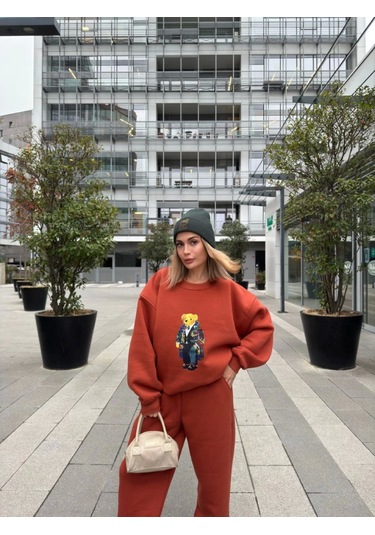 Reka Moda Bisiklet Yaka Üç İplik Sweat Takım - Kiremit Kiremit