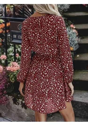Stilaura Kadın Uzun Kollu V Yaka Bağcıklı Belden Gipeli Çiçek Baskılı Kısa Süprem Elbise Bordo
