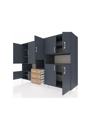 Kronos Dolap 13 Raflı 3 Çekmeceli 9 Kapaklı 220x59x163 Antrasit-a Antrasit-antrasit/çam