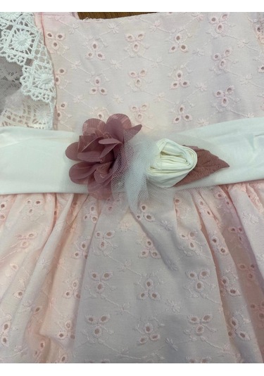 Yazlık Keten Kemerli Çiçek Aksesuarlı Bebe Kız Elbise Pembe