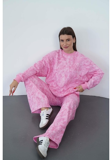 Penyebizden Valeria Kadın 3 İplik Şardonsuz Pamuk Oversize Bisiklet Yaka Sweatshirt-pembe Baskılı