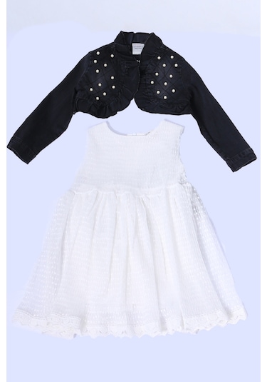 Kız Çocuk Kot Ceketli Elbise Fırfırlı Dantelli Taş İşlemeli F19 KREM