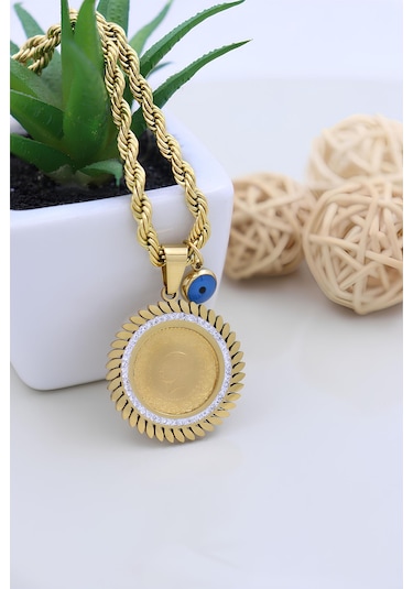 22 Ayar Çeyrek Altınlı Çelik Kolye