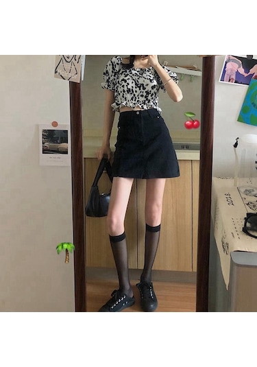 Koyu Mavi Yaz Retro Basit Yüksek Bel Kot Etek Kadın Evaze Elbise Moda Yarım Uzunlukta Rahat Kısa Kot Pantolon Etek Koyu Mavi