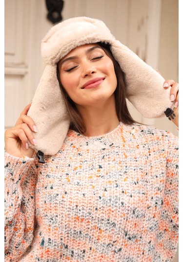 Çıtçıtlı Kürklü Kulaklıklı Peluş Bere Şapka Rkş-03 Bej Bej
