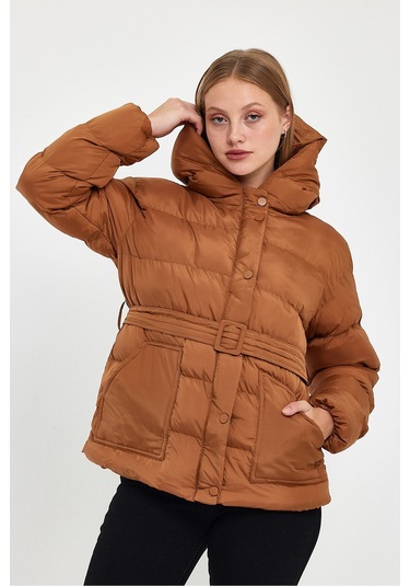 Alisse-kadın Taba Kapüşonlu Kemerli Şişme Mont Kaban Taba