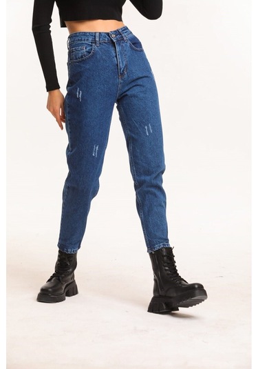 2006 Kadın Likrasız Mom Jeans Kot Denim Pantolon Kar Yıkama
