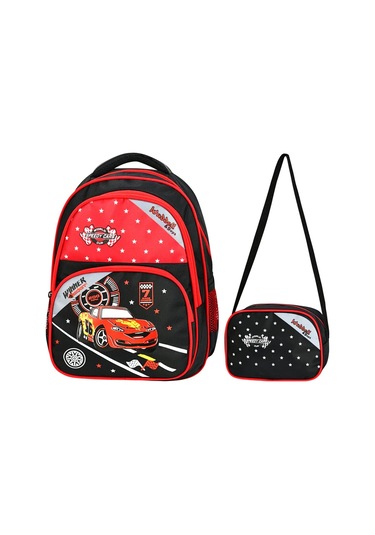 Waddell İlkokul Sırt Çantası ve Beslenme Çantası Yarış Arabası Kırmızı-Siyah