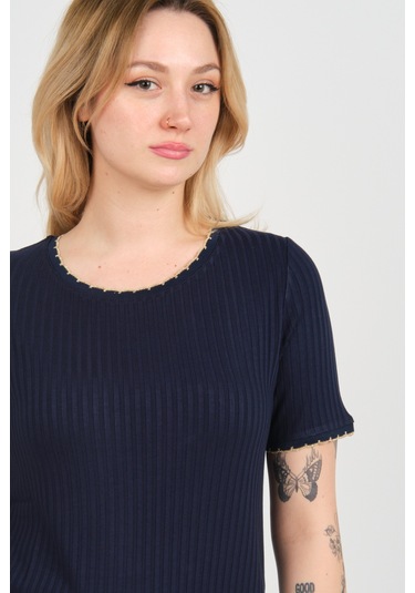 Ella Camelia Kadın Çizgili Bisiklet Yaka Kısa Kol Bluz 1e027 Lacivert Lacivert