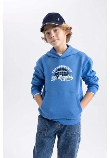 DeFacto Erkek Çocuk Baskılı Kanguru Cepli Kapüşonlu Sweatshirt B7821A8NSBE124 Mavi