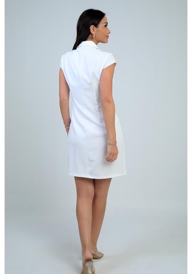 Kadın Kruvaze Yaka Toka Detaylı Eteği Pileli Likralı Krep Elbise-41677 Ekru