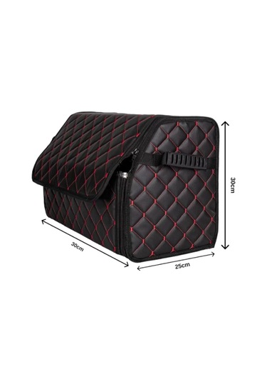 Oto Bagaj Organizeri Kapitone Deri Çanta Kırmızı Dikişli Siyah