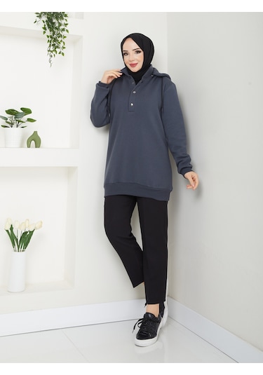 Raika Moda Kapşonlu 3 İplik Büyük Beden Tesettür Sweatshirt Antrasit