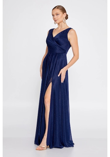 Doridorca Kadın Büyük Beden Sim Detaylı Kolsuz Maxi Abiye Elbise 6111 Lacivert Lacivert