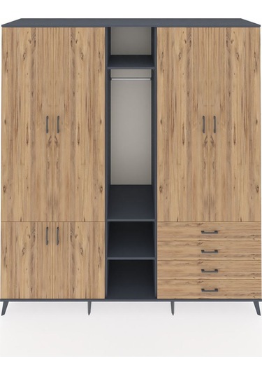 Kronos Dolap 14 Raflı 4 Çekmeceli Tek Askılı 220x59x243 Antrasit-çam/çam Atlas Çam/atlas Çam