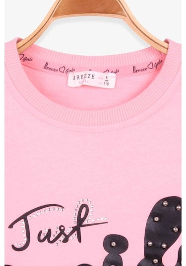 Kız Çocuk Sweatshirt Incili Taşlı Beli Bağcıklı Pudra (6-10 Yaş)