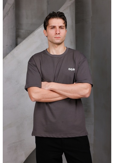 Erkek Baskılı Oversize Bisiklet Yaka 2 İki İplik Kompakt T-shirt Kahverengi