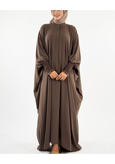 Düğme Detaylı Yarasa Kol Medine İpeği Cilbab Kahverengi