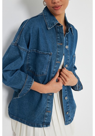 Kutaf Denim Klasık Cift Cepli Kot Gömlek Mavi