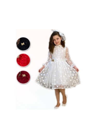 Fiyonk Detaylı Puantiyeli Kurdelalı Tül Elbise - Tül Abiye - Mezu