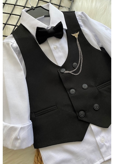 Zincir Detay Çift Düğmeli Erkek Çocuk Takım Elbise Siyah