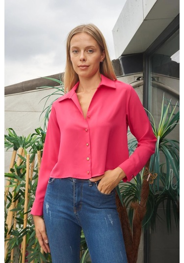 Kadın Likrasız Şık Kumaş Yakalı Uzun Kol Kısa Gömlek-Fujya Fujya