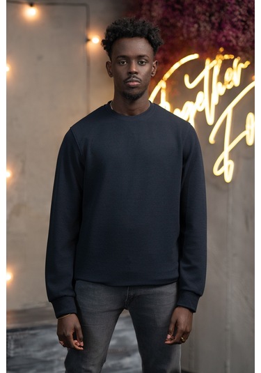 Dorss Regular Fit Armürlü Bisiklet Yaka Likralı Mevsimlik Sweatshirt Lacivert