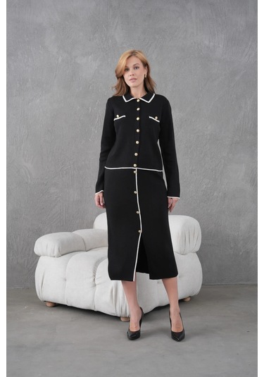 Kadın Polo Yaka Düğme Detay Ceket Uzun Etek İkili Triko Takım Siyah