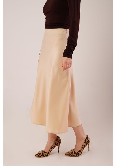 Çan Kesim Midi Krem Saten Etek Krem