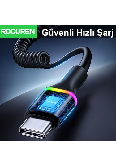 Rocoren 100w 7a Spiral Rgb Led Işıklı Spiral Type-c Hızlı Şarj Ve Data Kablosu 1.6 Metre