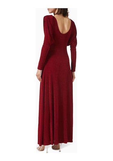 Eegen Studio Diva Maxi Elbise - Puf Kollu, Derin U Yırtmaçlı, Twinkle Knit Kumaş Kırmızı Kod 006830