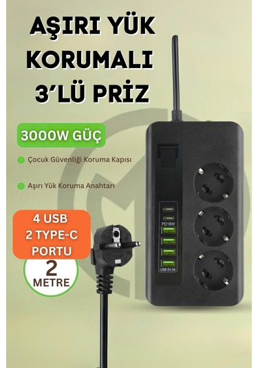 Pro P101 3x Priz 3000w Akım Korumalı 4x Usb 2x Type-c Girişli Çoklu Priz 0.2 M
