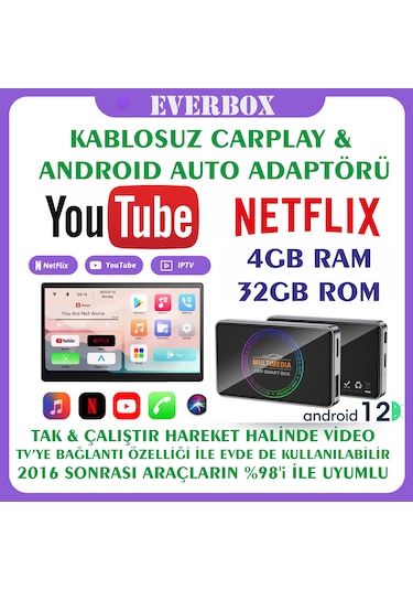 Y2 Carplay & Android Auto Box 4gb+32gb Youtube Hareket Halinde Video, Wifi6, Dahili Gps, Tv Bağlantı Diğer