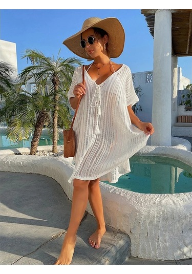 Örgü Bağlama İpi Oymalı Bol Plaj Elbisesi Beyaz
