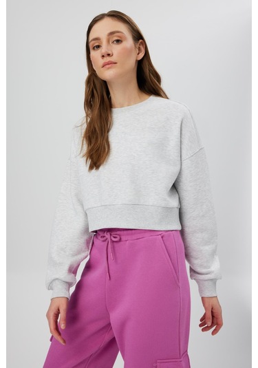 NAKIŞLI CROP SWEATSHIRT GRİ Gri