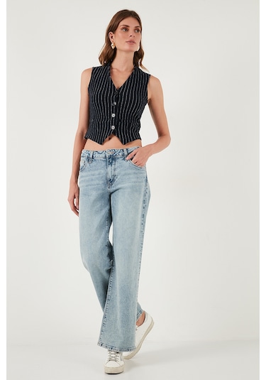 Lela Streç Fitted Fit V Yaka Düğmeli Bayan Yelek 5865971 Lacivert-Beyaz