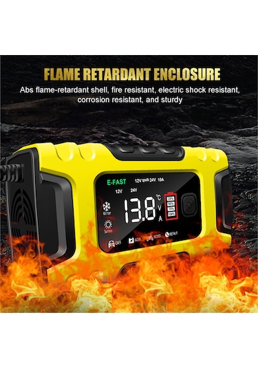 Symbee 12v/24v 10a Akıllı Akü Şarj Cihazı, Tam Otomatik 7 Aşama, Kurşun-asit/lityum Bataryalar İçin, Büyük Ekranlı, Avrupa Standartı Sarı