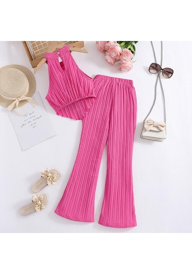 7-12y Kızlar Büyük Kız Takım Elbise Çocuk Yaz Yeni Moda Askılı Boyun Yelek Üst Dalga Şerit Pantolon 2 Adet Kırmızı