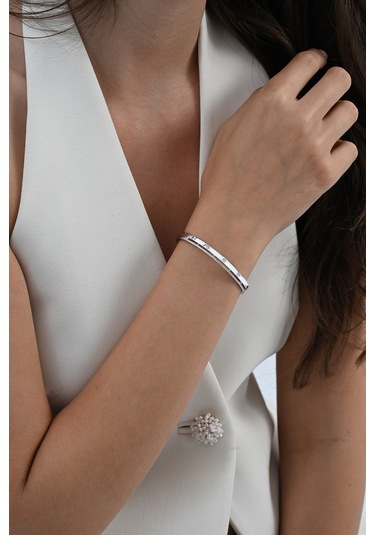 925 Ayar Gümüş Rodyumlu Zirkon Taşlı Özel Kilit Tasarım Bilezik Barcode Rose Gold - Gümüş