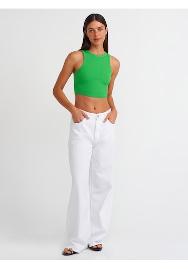 Dilvin Dikiş Efektli Crop Top Yeşil