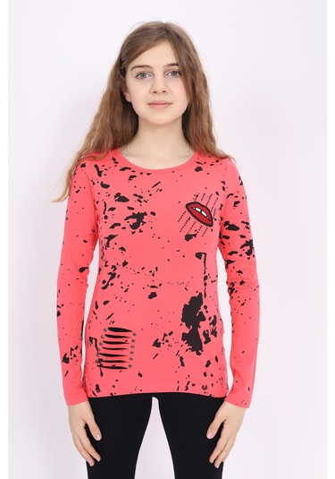 Toontoy Kız Çocuk Sweatshirt Lazer Kesim Dudak Nakışlı Nar Çiçeği